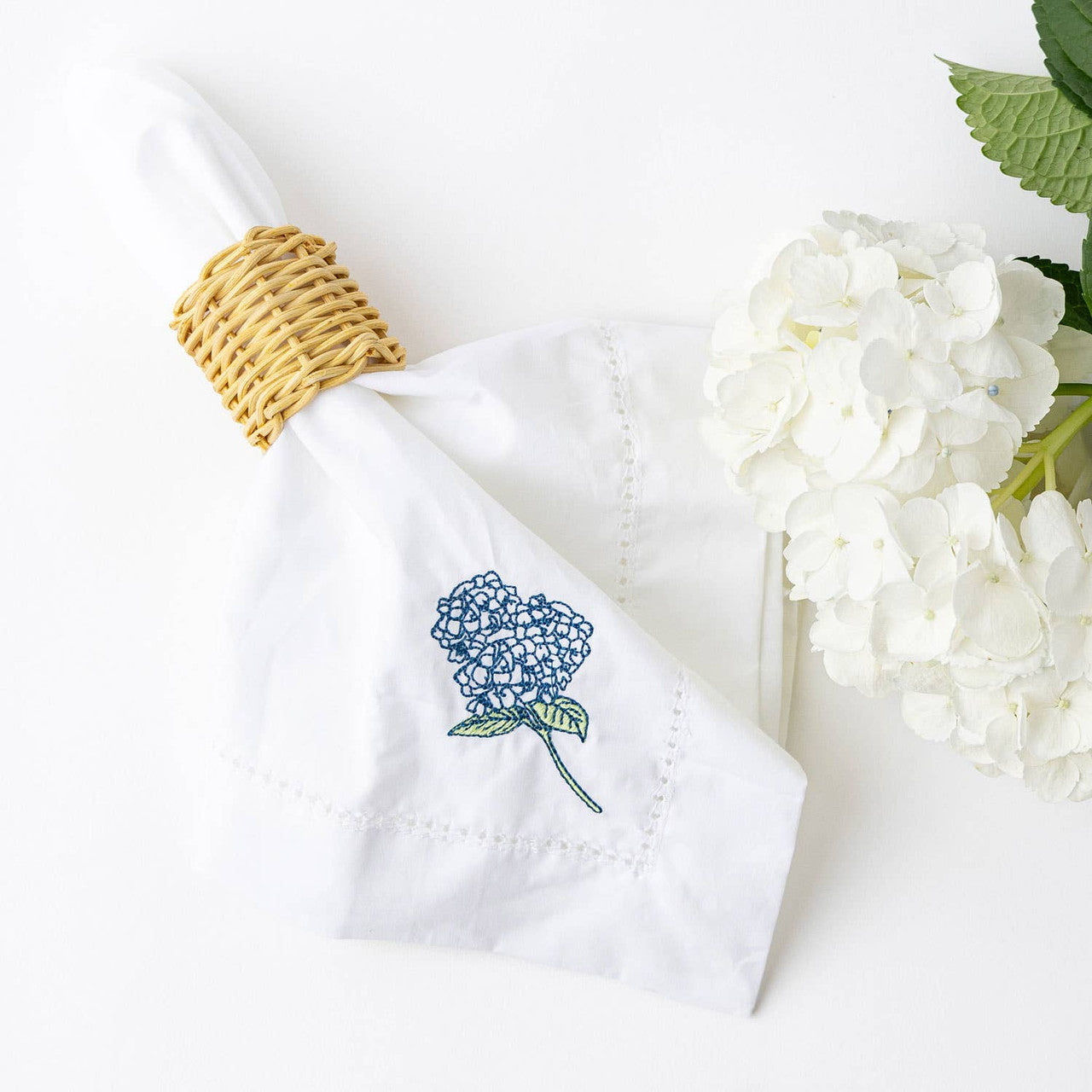Embroidered Dinner Napkin Hydrangea Stem