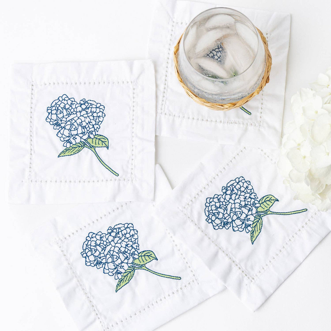 4pc Embroidered Cocktail Napkin Set Hydrangea