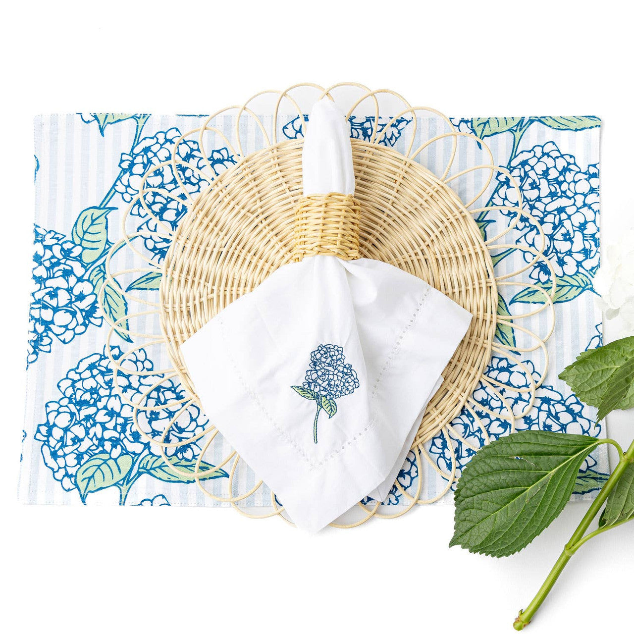 Embroidered Dinner Napkin Hydrangea Stem