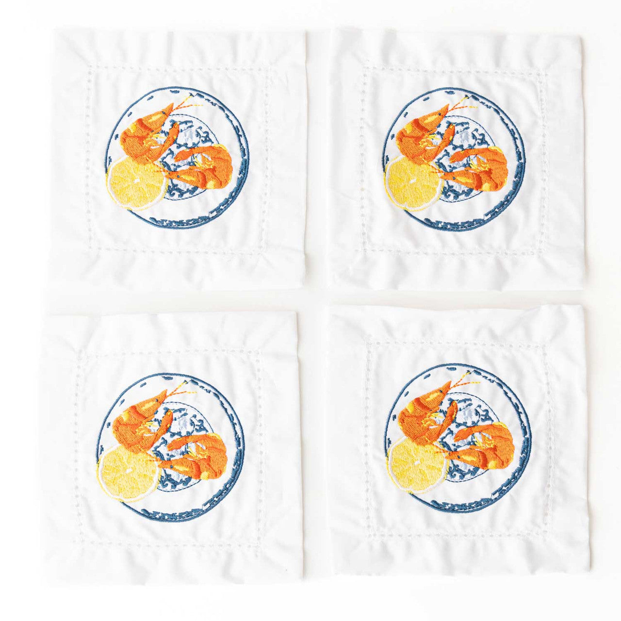 4Pc Embroidered Cocktail Napkin Set Lemon Prawns