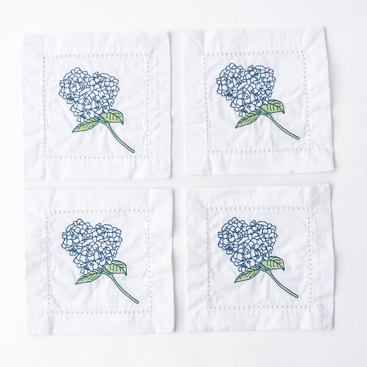 4pc Embroidered Cocktail Napkin Set Hydrangea