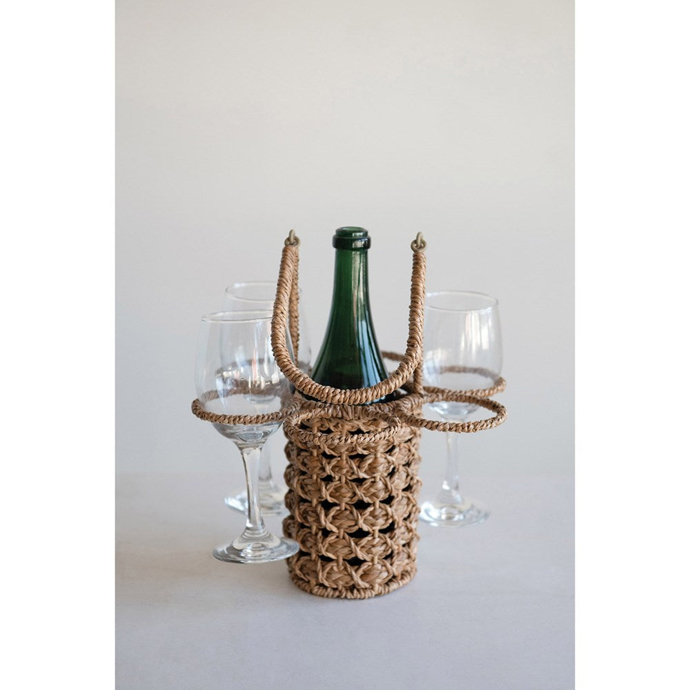11" Round x 19"H Woven Seagrass Wine Bottle & Glass Holder (Holds 6 Wine Glasses)