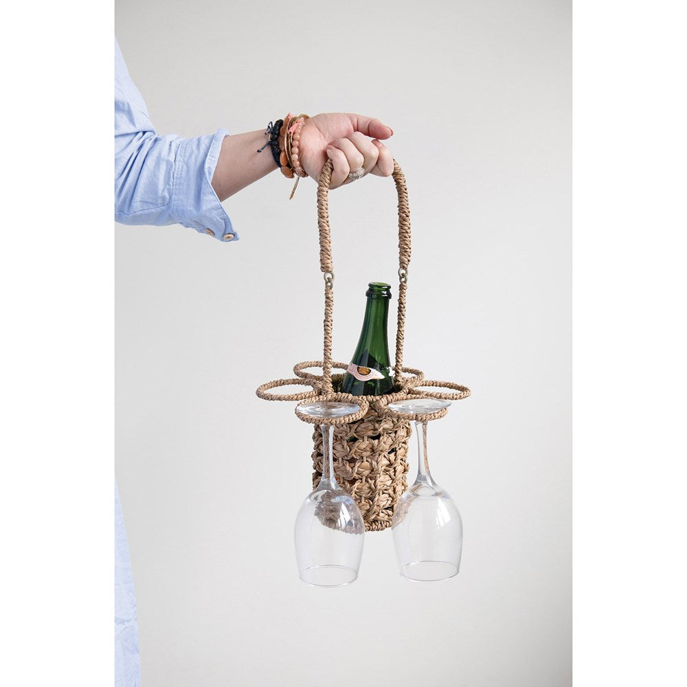11" Round x 19"H Woven Seagrass Wine Bottle & Glass Holder (Holds 6 Wine Glasses)