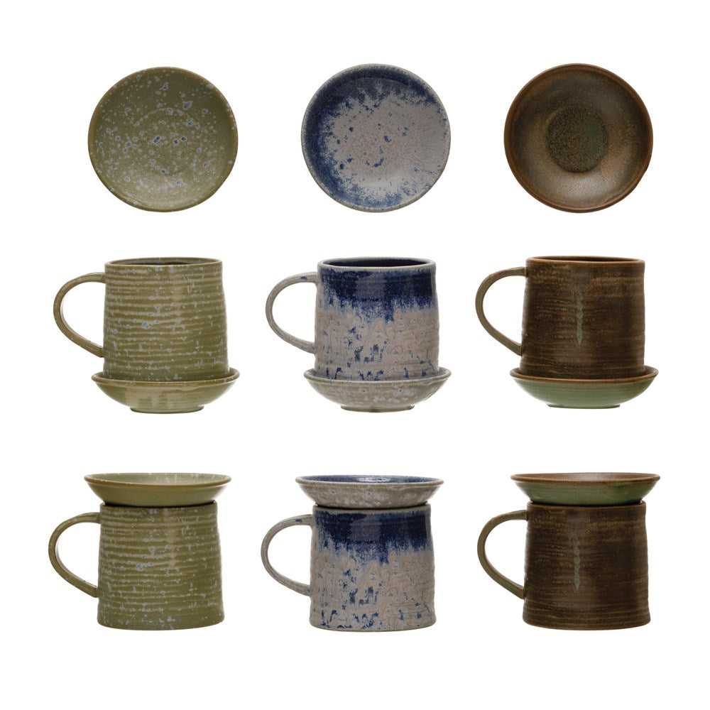 3-1/2"H Stoneware Mug w/Plate, Reactive Glaze
