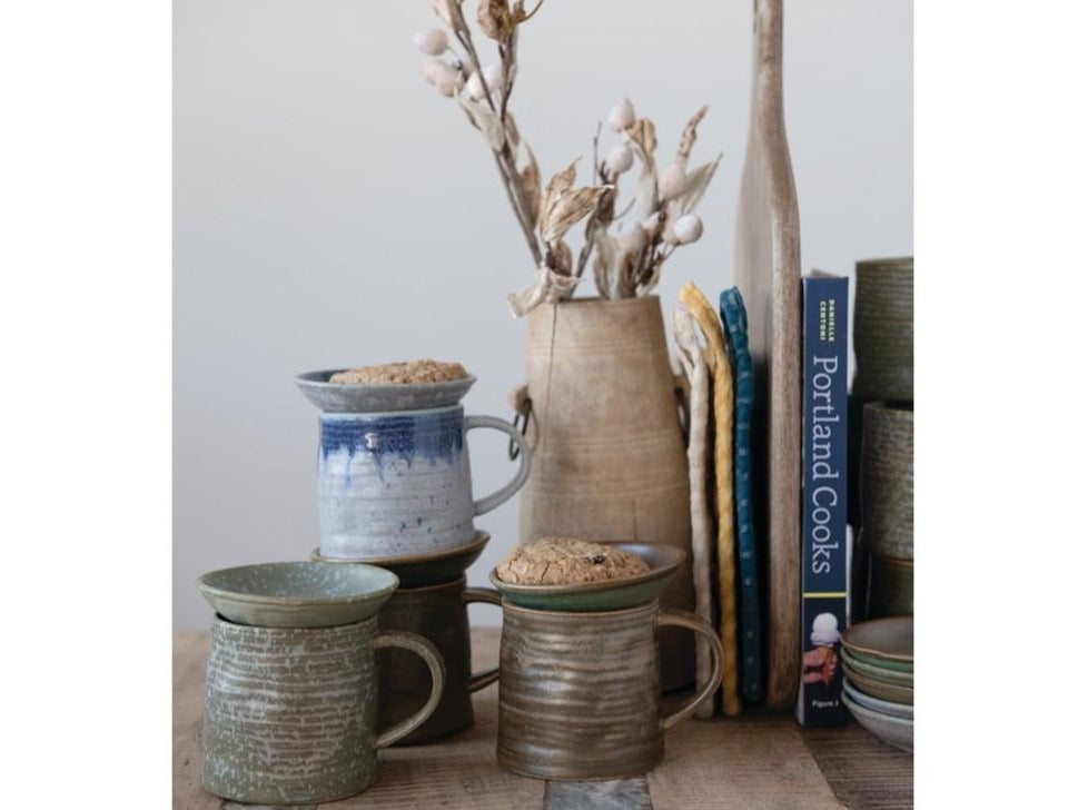 3-1/2"H Stoneware Mug w/Plate, Reactive Glaze