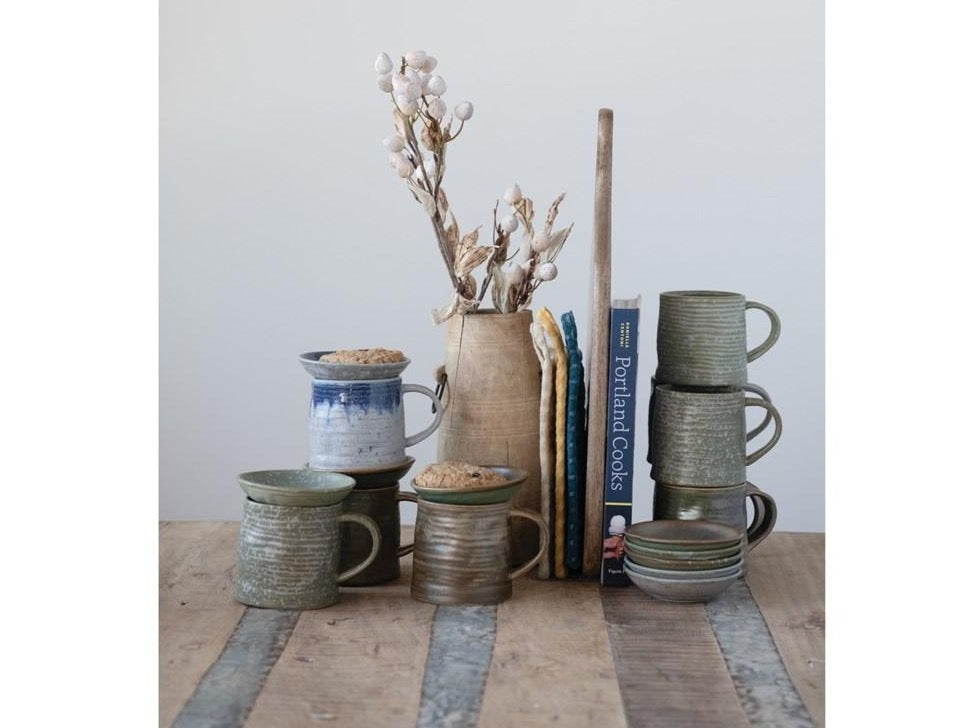 3-1/2"H Stoneware Mug w/Plate, Reactive Glaze