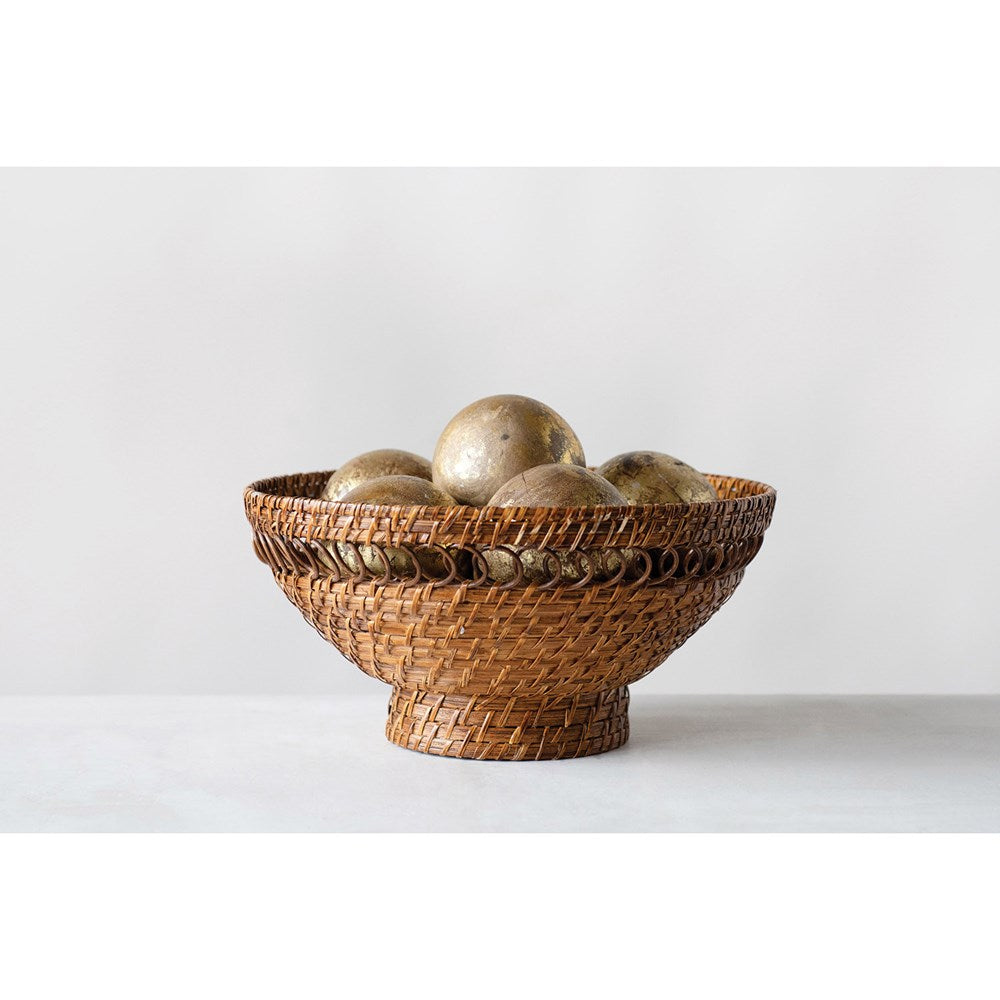 13" Round x 4-1/2"H Decorative Woven Rattan Footed Bowl