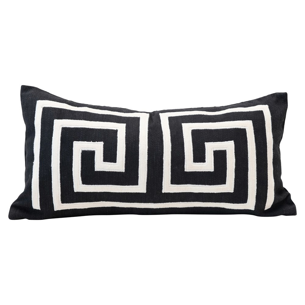 24"L x 12"H Woven Cotton Lumbar Pillow w/Appliqued Design, Black & White