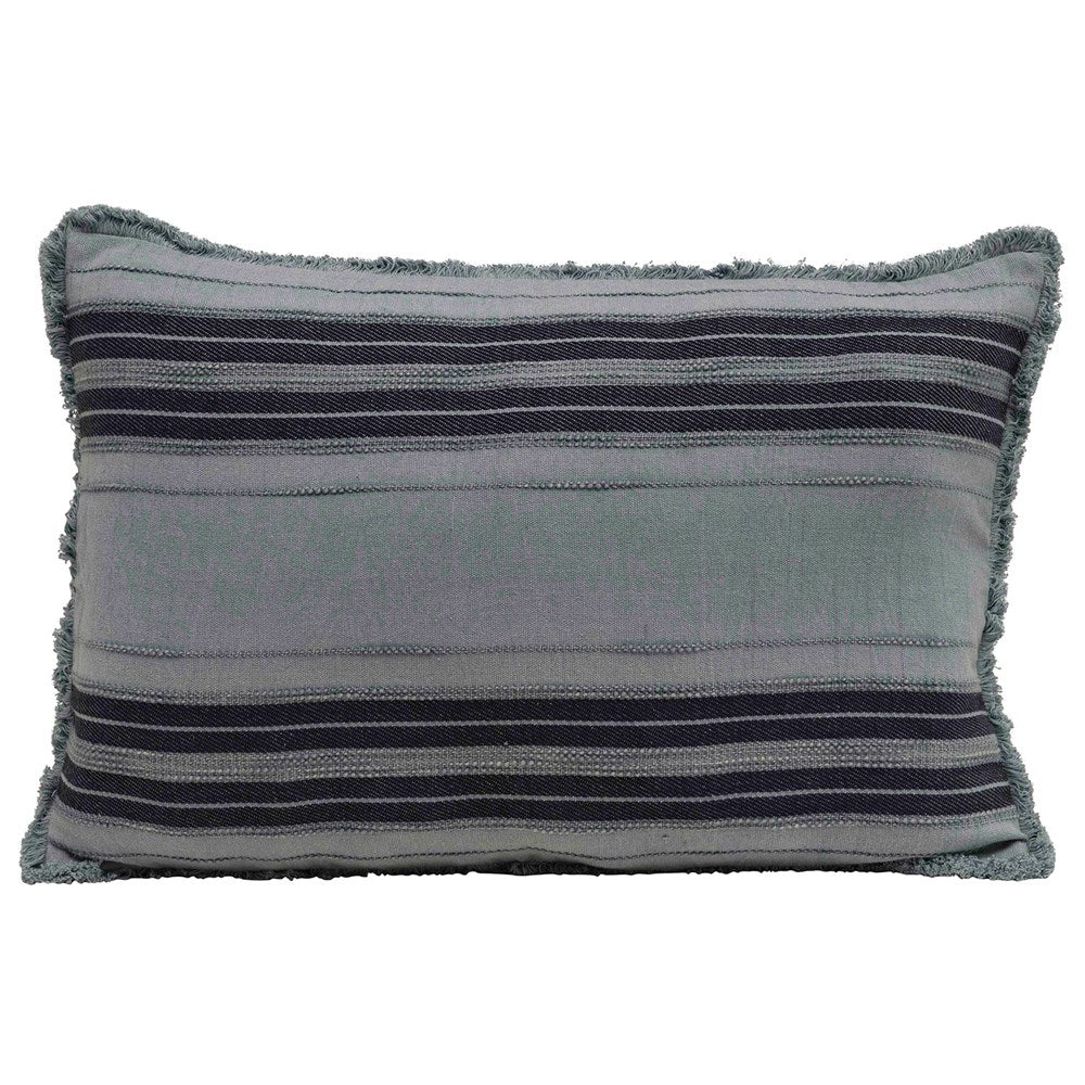 24"L x 16"H Woven Cotton Striped Lumbar Pillow w/Fringe, Sandwashed Blue