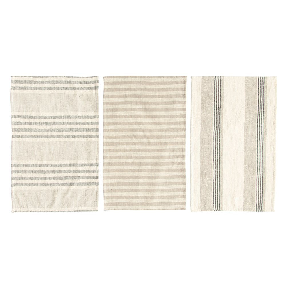 28"L x 18"W Woven Cotton Striped Tea Towels, Taupe, Black & Cream Color, Set of 3