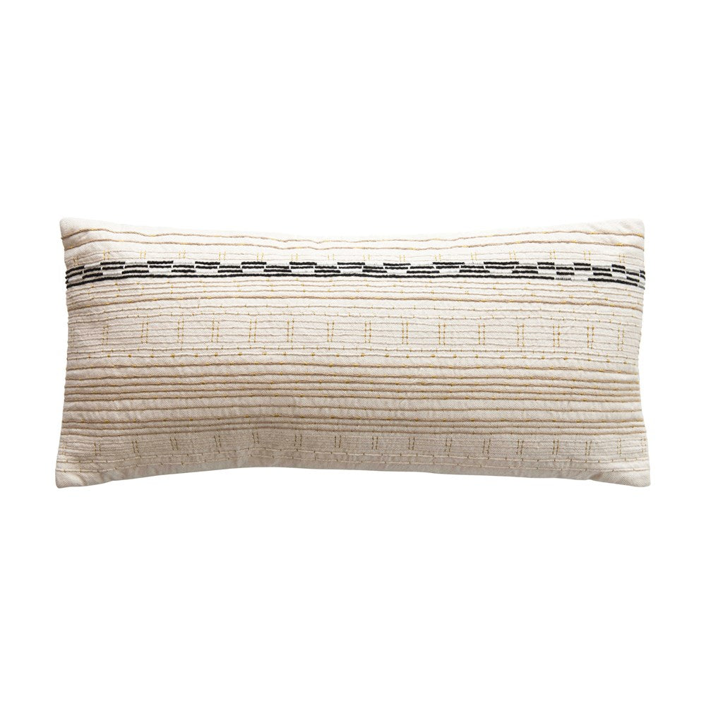 36"L x 16"H Woven Cotton Lumbar Pillow w/Embroidery & Gold Metallic Stitching, Multi Color