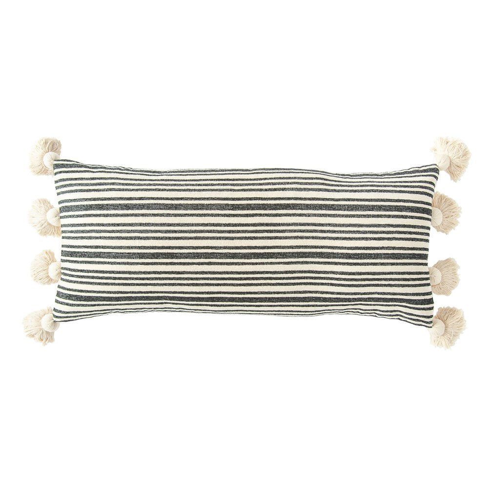 36"L x 16"H Cotton & Chenille Woven Striped Lumbar Pillow w/Tassels, Black
