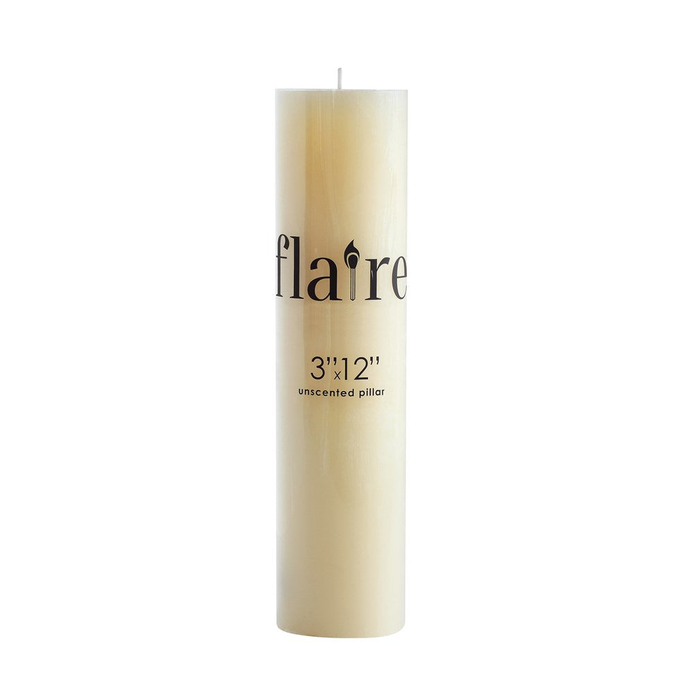 3" Round x 12"H Unscented Pillar Candle (Approximate Burn TIme 248 Hours)