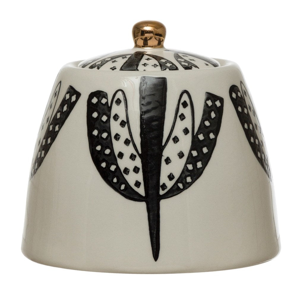 4-1/4" Round x 3-3/4"H Stoneware Sugar Bowl w/ Lid, Pattern & Gold Electroplating, Black & White