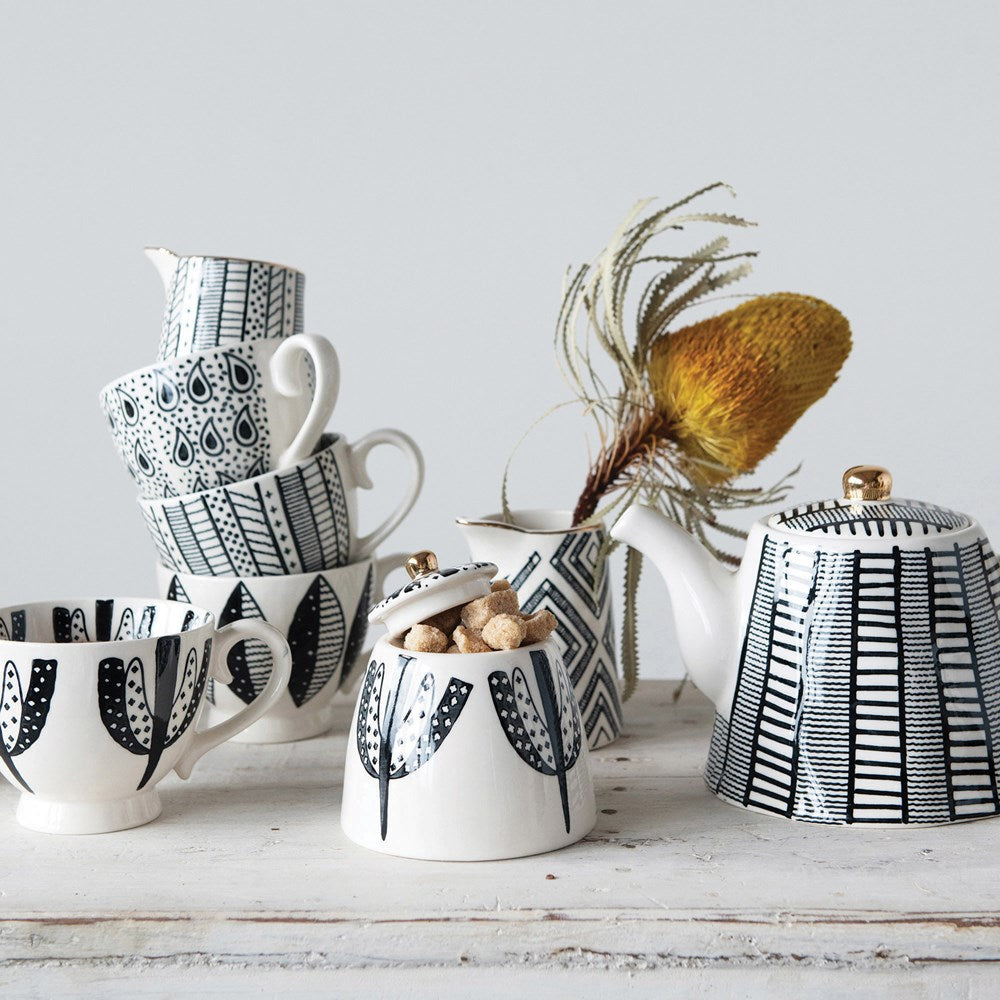 4-1/4" Round x 3-3/4"H Stoneware Sugar Bowl w/ Lid, Pattern & Gold Electroplating, Black & White