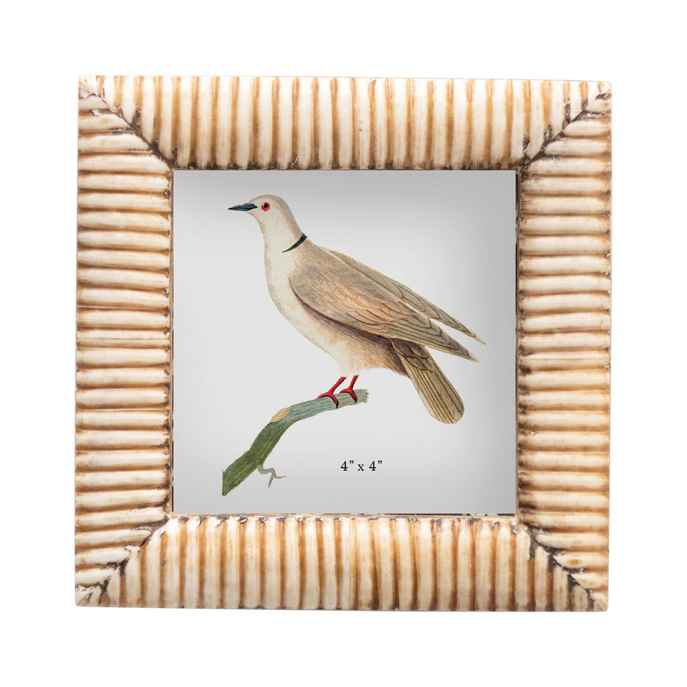 5-1/2" Square Hand-Carved Bone & MDF Photo Frame w/Ribbed Pattern, Natural (Holds 4" x 4" Photo)