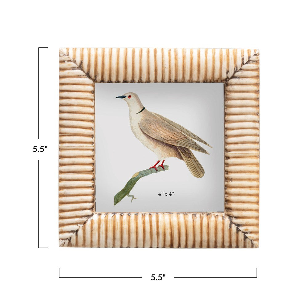 5-1/2" Square Hand-Carved Bone & MDF Photo Frame w/Ribbed Pattern, Natural (Holds 4" x 4" Photo)