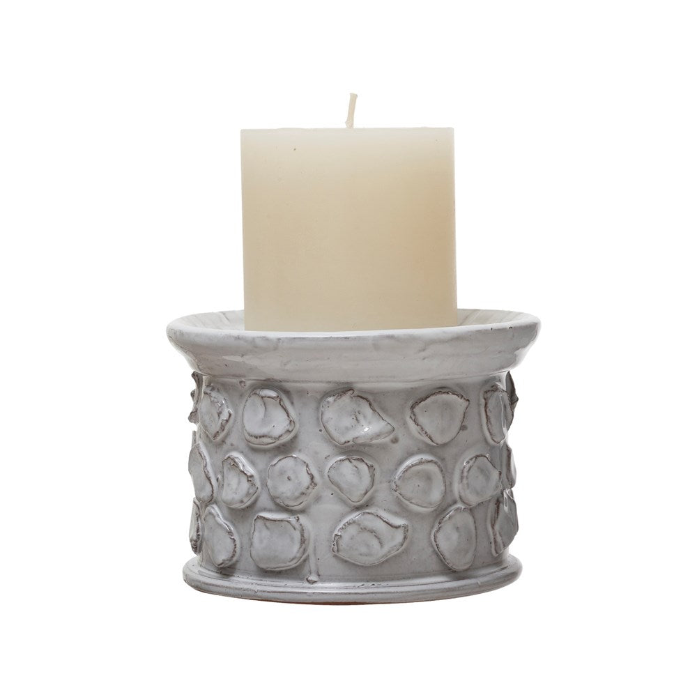 5.25" Round x 3.75"H Terra-Cotta Textured Candle Holder/Pedestal, White (Holds 5" Pillar)