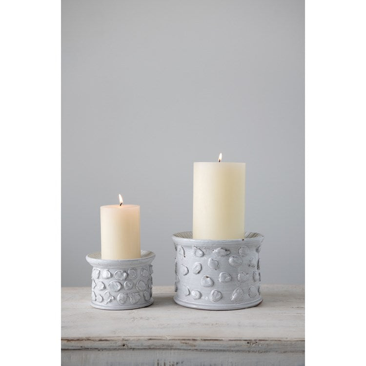 5.25" Round x 3.75"H Terra-Cotta Textured Candle Holder/Pedestal, White (Holds 5" Pillar)