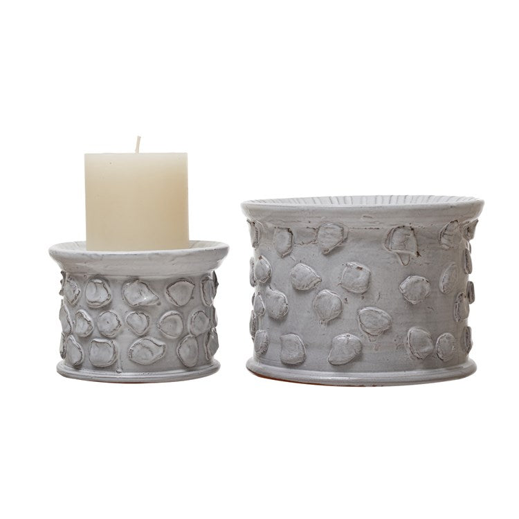 5.25" Round x 3.75"H Terra-Cotta Textured Candle Holder/Pedestal, White (Holds 5" Pillar)