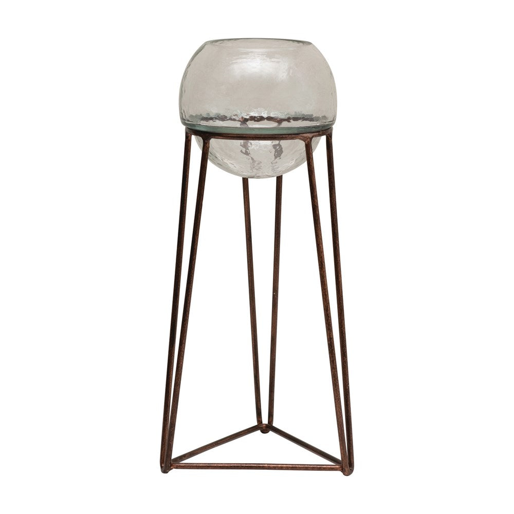 6"L x 6"W x 13"H Glass Tealight/ Votive Holder With Metal Stand, Bronze Finish