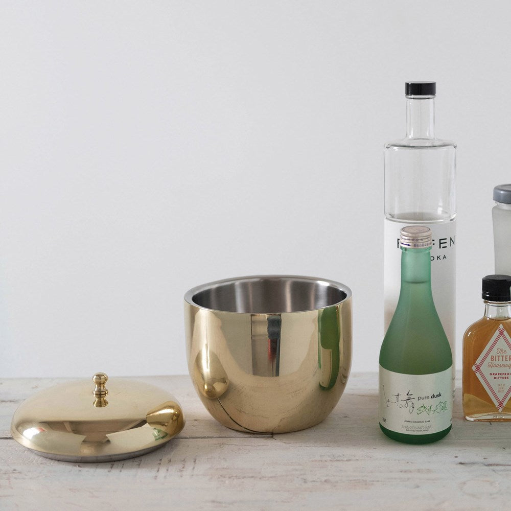 6" Round x 6"H 1 Quart Stainless Steel Ice Bucket. Brass Finish