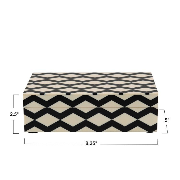 8-1/4"L x 5"W x 2-1/2"H Resin & MDF Box w/ Lid & Pattern Inlay, Black & White