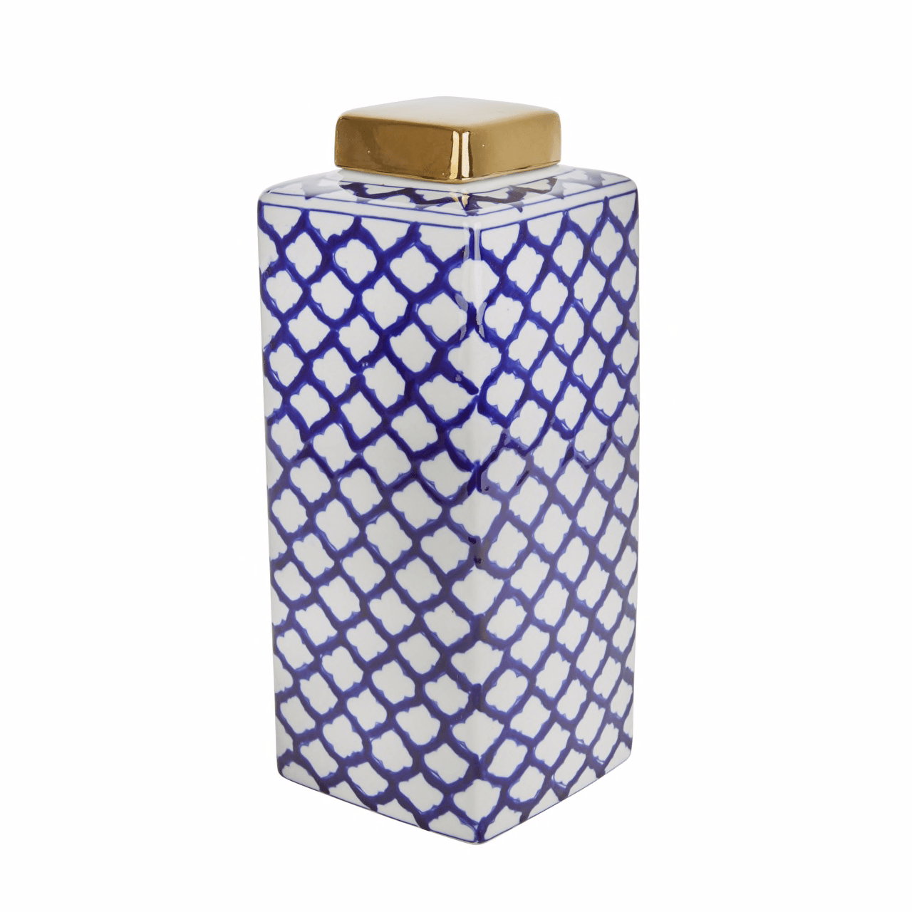 Square White/Blue Jar W/Gold Lid 16"