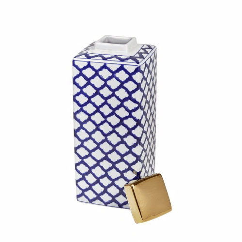 Square White/Blue Jar W/Gold Lid 16"
