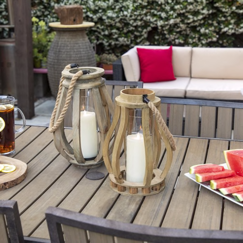 Wood 13.75" Lantern With Ropehandle, Brown