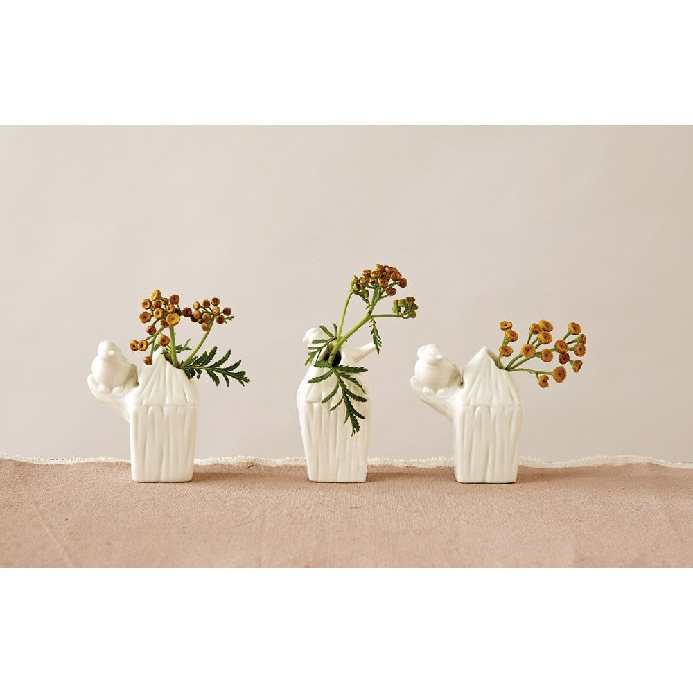3"H Stoneware Vase w/ Bird, White