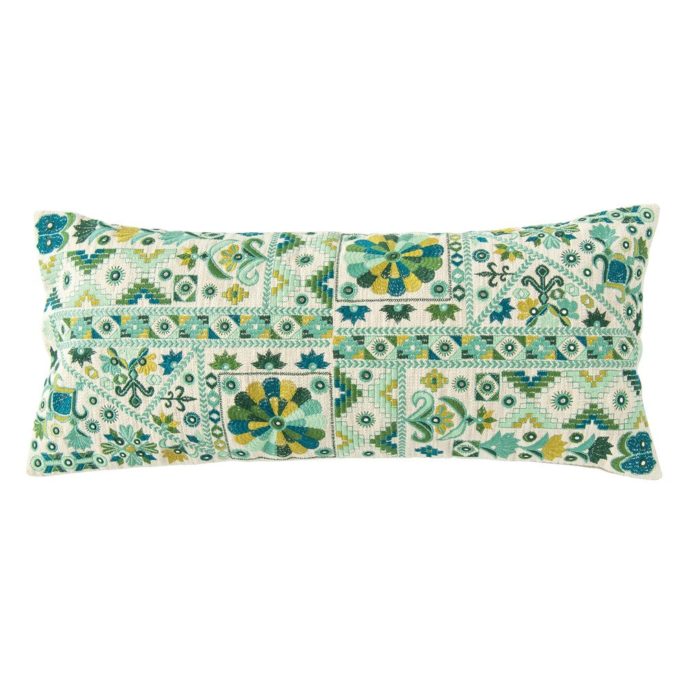 32"L x 14"H Cotton Embroidered Patchwork Lumbar Pillow, Teal & Green