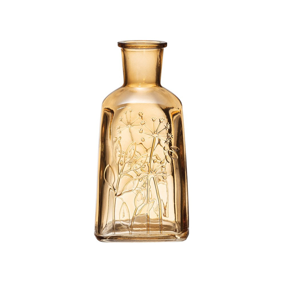 3-1/2"L x 3"W x 5-1/2"H Embossed Glass Bottle Vase, Amber Color