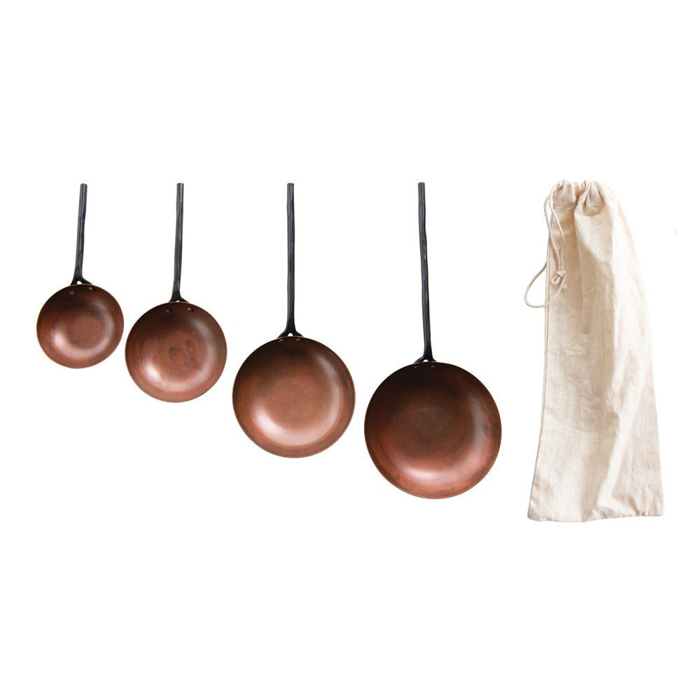 10"L Metal Spoons/Scoops with Forged Handles, Copper Finish, Set of 4 in Drawstring Bag