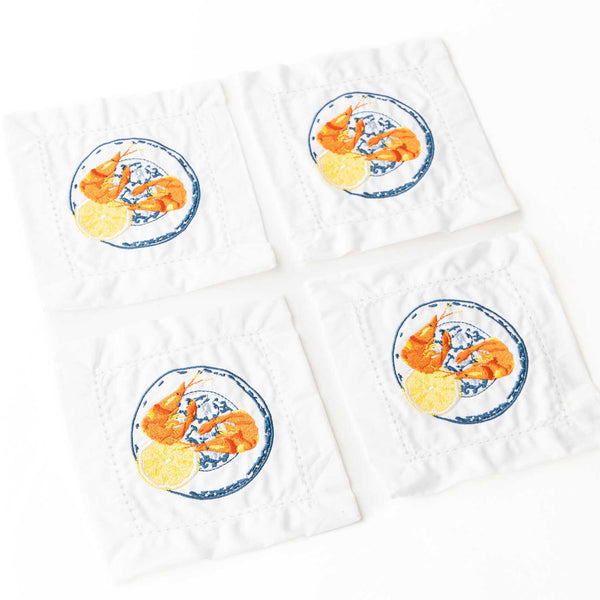 4Pc Embroidered Cocktail Napkin Set Lemon Prawns