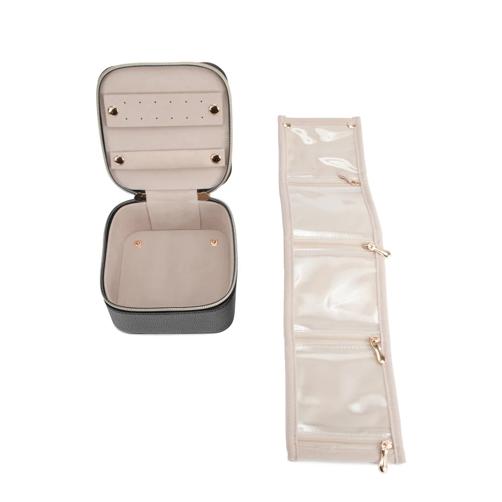Leah Quilted Travel Jewelry Case With Pouch Light Grey
