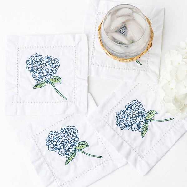 4pc Embroidered Cocktail Napkin Set Hydrangea