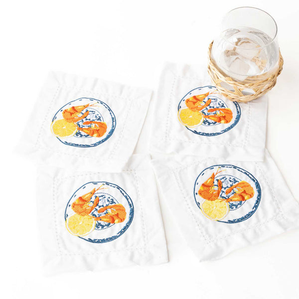 4Pc Embroidered Cocktail Napkin Set Lemon Prawns