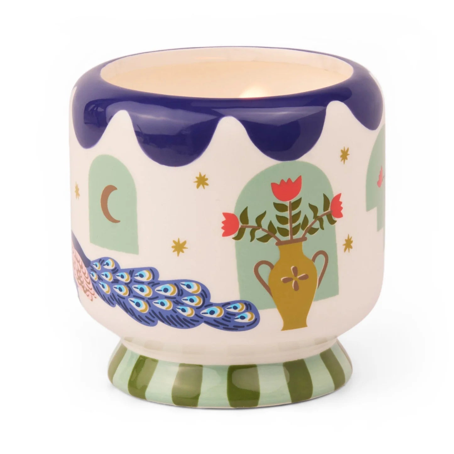 A Dopo 8oz Handpainted Peacock Ceramic Misted Lime