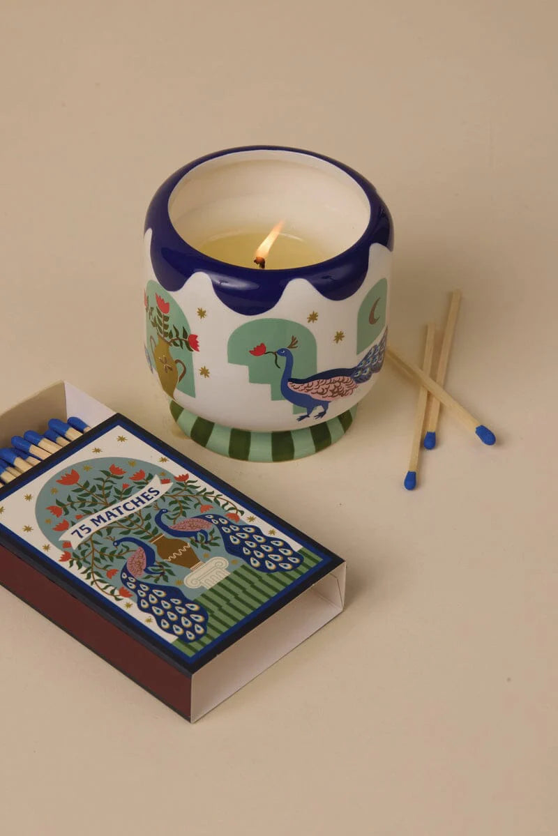 A Dopo 8oz Handpainted Peacock Ceramic Misted Lime
