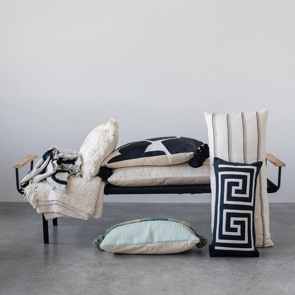 24"L x 12"H Woven Cotton Lumbar Pillow w/Appliqued Design, Black & White