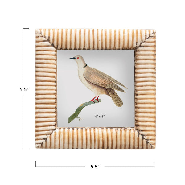 5-1/2" Square Hand-Carved Bone & MDF Photo Frame w/Ribbed Pattern, Natural (Holds 4" x 4" Photo)