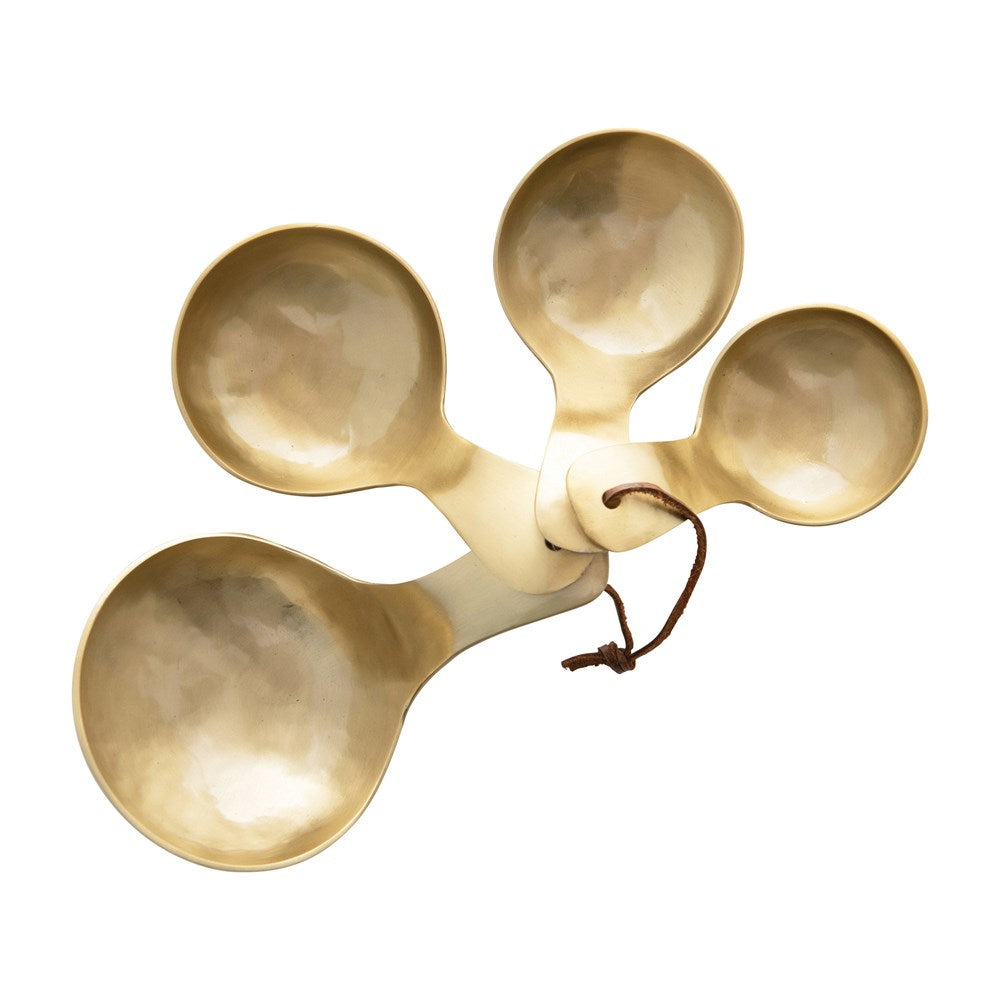 5-1/4L Metal Scoops w/Leather Tie, Brass Finish Set of 4