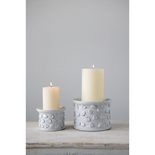 5.25" Round x 3.75"H Terra-Cotta Textured Candle Holder/Pedestal, White (Holds 5" Pillar)