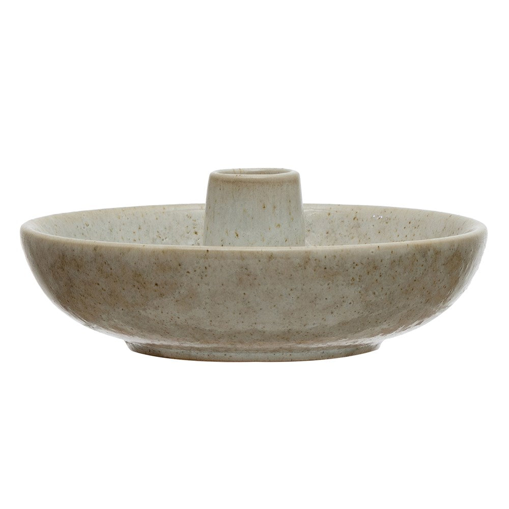 5" Round x 1-3/4"H Stoneware Dish w/ Toothpick Holder, Reactive Glaze, White