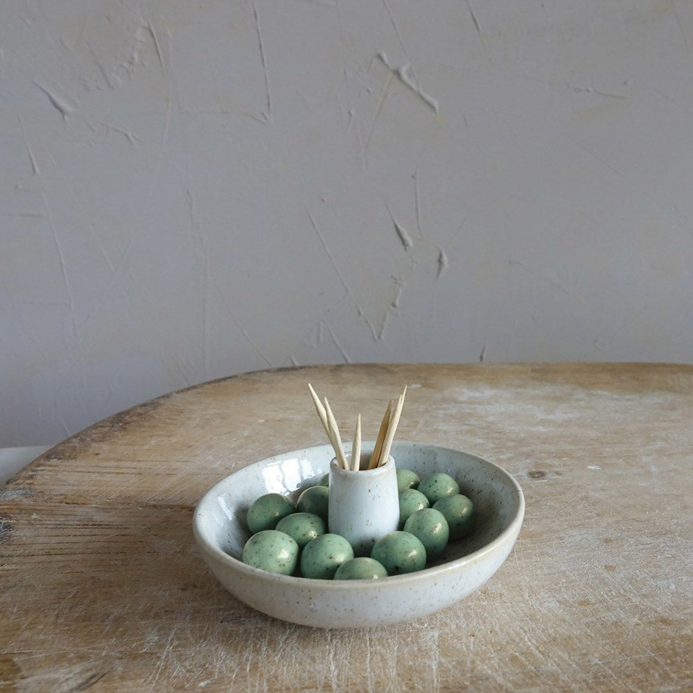 5" Round x 1-3/4"H Stoneware Dish w/ Toothpick Holder, Reactive Glaze, White
