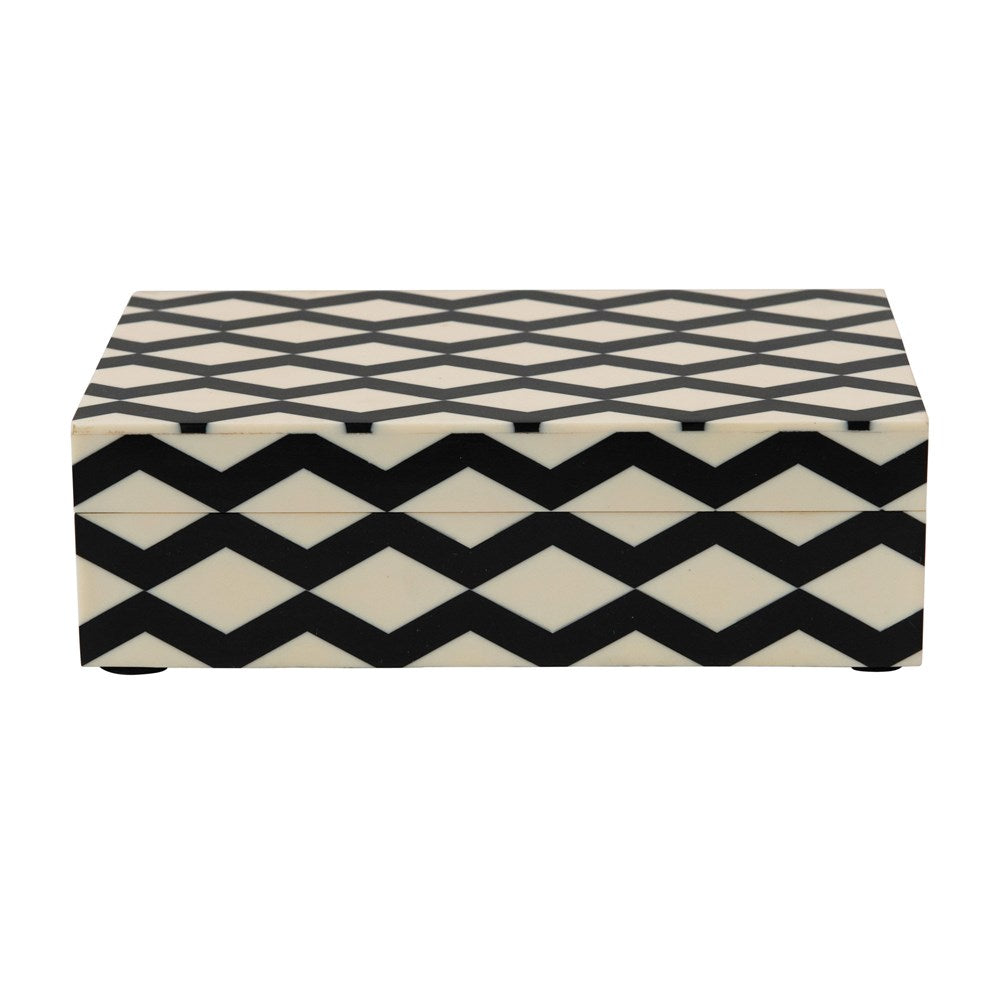 8-1/4"L x 5"W x 2-1/2"H Resin & MDF Box w/ Lid & Pattern Inlay, Black & White