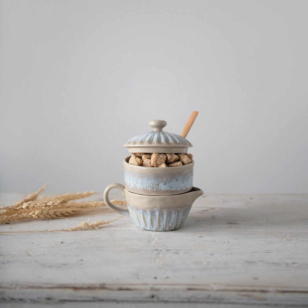 Stoneware Stackable Cream & Sugar w/ Lid & Wood Spoon, Reactive Glaze Blue