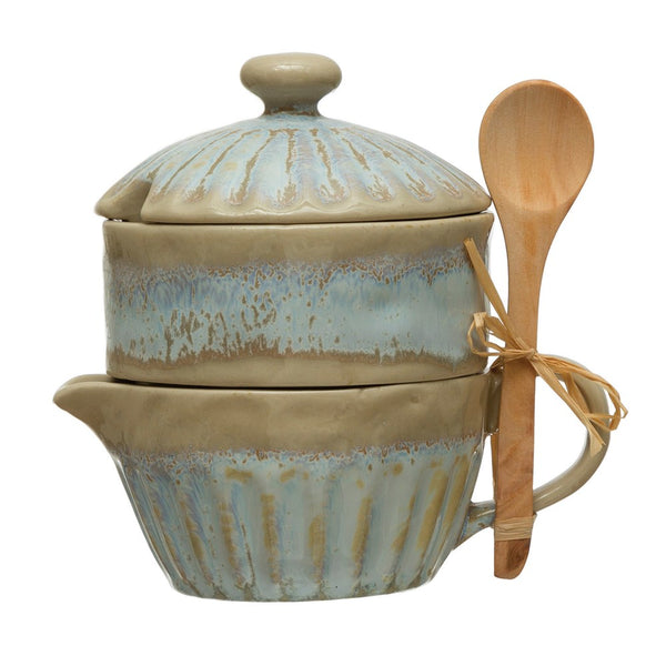Stoneware Stackable Cream & Sugar w/ Lid & Wood Spoon, Reactive Glaze Blue